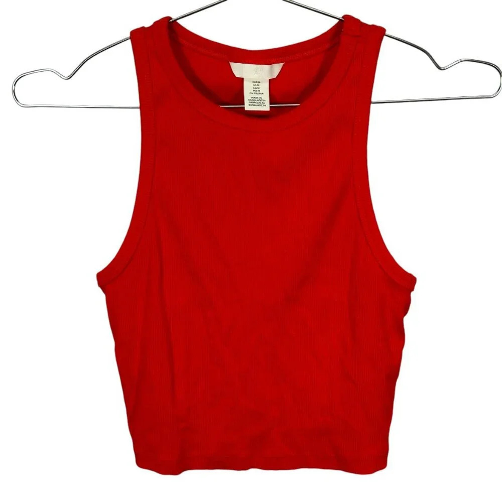 H&M Red Ribbed Cropped Tank Top Medium - Picture 2 of 4